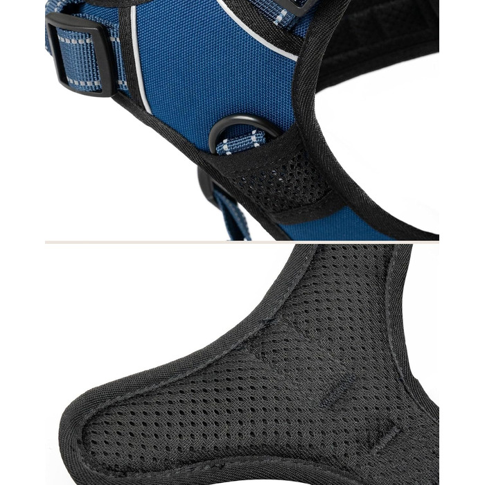 Нашийник для собак Lionto з м'якого нейлону, великий розмір, з відбиваючими елементами, анти-тяга, з 2 кільцями та 4 ремінцями, з двома застібками-кліпсами та гумовою ручкою (XL, блакитний)