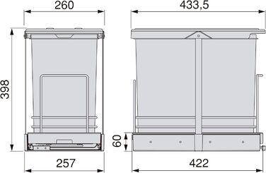 Відро для сміття Emuca кухонне з підскладною фіксацією, 2 висувні контейнери по 20 л, загальний об'єм 40 л (2 x 20 л), сталь та пластик, сірий колір.