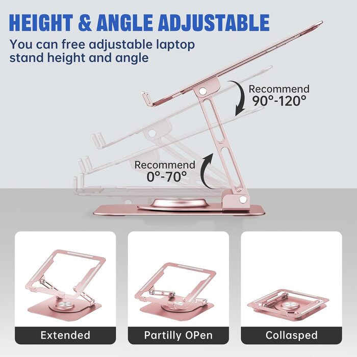 Adjustable Laptop Stand for Desk - 360° Rotating Base, Foldable & Portable - Fits 10-17 inch Laptops (Rose Gold)
