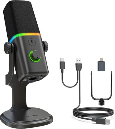 Динамічний мікрофон Haomuren XLR/USB з RGB-підсвіткою для геймінгу, подкастів та YouTube