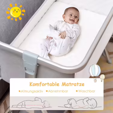COSTWAY 2-in-1 Side Sleeper Bed & Travel Bed, Folding, Baby Cot with 7-Level Adjustable Height, Portable Baby Bed with Safety Belt, Mesh Windows, Mattress, Under-Bed Basket & Wheels (Dark Grey)