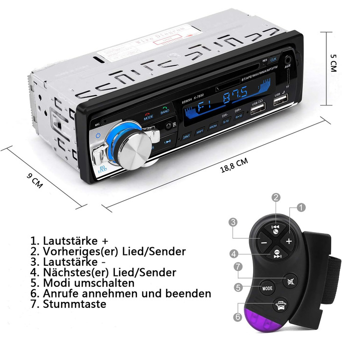 Автомобільна магнітола 1 DIN з Bluetooth, FM-радіо, MP3-плеєром, гучним зв'язком, керуванням на кермі, 2 USB для музики та зарядки