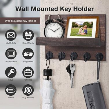 Дерев'яне настінне кріплення для ключів з полицею, декоративне, 5 гачків, для прихожої, спальні, вітальні (колір: коричневий)