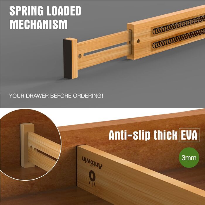 ANTOWIN Adjustable Drawer Dividers Bamboo (43-56 cm), Drawer Organizer, Spring-loaded, Kitchen, Chest of Drawers, Bathroom, Bedroom, Baby Drawer, Desk Organization System