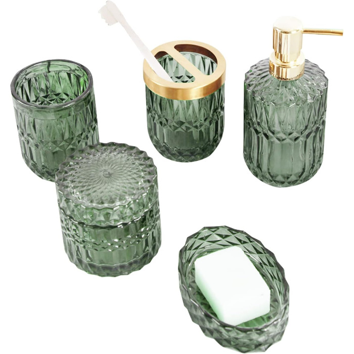 Набір аксесуарів для ванної кімнати з 5 предметів: дозатор для лосьйону, дозатор для мила, тримач для зубних щіток, склянка, ватний диск, склянка.