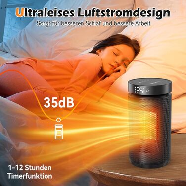 Електричний обігрівач PTC керамічний 2200W з пультом дистанційного керування, 4 режими, таймер 12H, термостат, ECO-режим, осциляція 70°, захист від перегріву та перекидання, для дому та офісу (чорний, 27см)