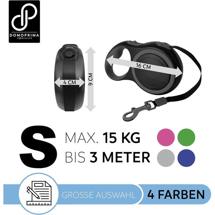 Рулетка для собак DOMOPRIMA (S, M, L) - 4 кольори, з відбивачем. Міцна та безпечна повідкова рулетка для вашого улюбленця.