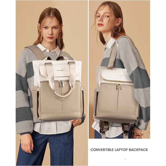 LOVEVOOK Рюкзак для жінок, великий, 15.6 дюймів, рюкзак для ноутбука, шкільний рюкзак для підлітків, водонепроникний, сумка для роботи, сумка-тоут 2 в 1, сумка для вчителя, рюкзак для подорожей, університету, бізнесу, бежевий хакі
