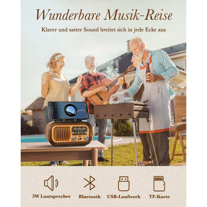 Вінтажне радіо Prunus J-150 AM/FM/SW з Bluetooth, USB/TF, сонячною панеллю та акумулятором 1200 mAh