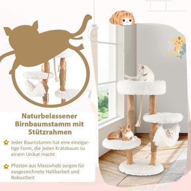 Кігтеточка для котів COSTWAY 87 см з гамаком, джутовим покриттям та м'якими сидіннями, дерев'яний кігтеточний комплекс, білий, 2 стовпчики