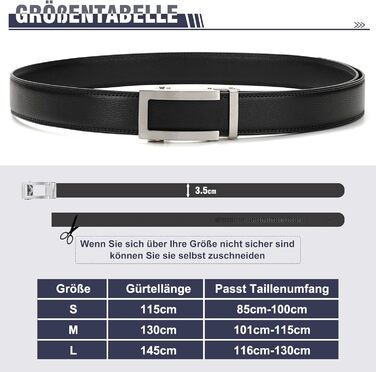 Чоловічий шкіряний ремінь JasGood з автоматичною застібкою, регульований, без отворів, ширина 35 мм, чорний, 130 см (підходить для обхвату талії 101-115 см)