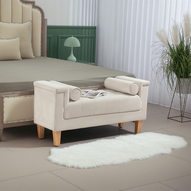 HOMCOM Bench with Chenille Upholstery, Armrest Bed Bench with 2 Cylinder Cushions, Wooden Frame, Shoe Bench for Bedroom, Living Room, Entryway 115 x 44 x 58 cm Beige | Aosom