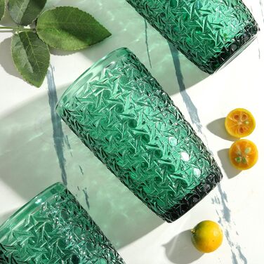 Joeyan 380ml Green Drinking Glasses with Embossed Design, Water Glasses Dishwasher Safe, Long Drink Glasses Set of 4