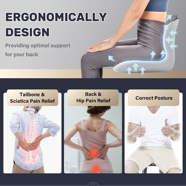Подушка для сидіння та підтримки попереку Coverado, ергономічна подушка з memory foam для офісного крісла та авто, сірого кольору, L-подібної форми, для полегшення болю в попереку, сідниці та куприку