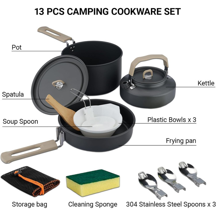 Набір посуду для кемпінгу ISFORU на 2-3 особи, 13 предметів: антипригарні каструлі та сковорідки, посуд для приготування їжі з котелком, пластикові миски та аксесуари. Компактний набір для пікніків, походів та кемпінгу.