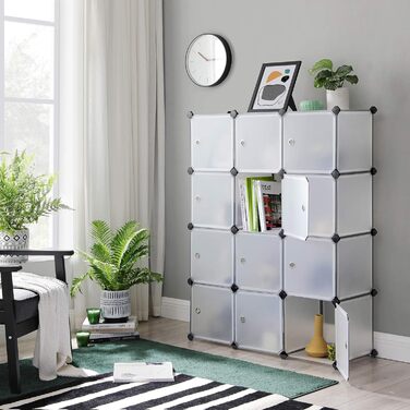 SONGMICS Regal System, Shoe Rack, Set of 16 Cubes, Plastic Closet Organizer with Doors, Plug-in Shelf, Storage for Clothes, Shoes, and Books, Easy Assembly, LPC443G01 (12 Cubes (93B x 123H cm), White)