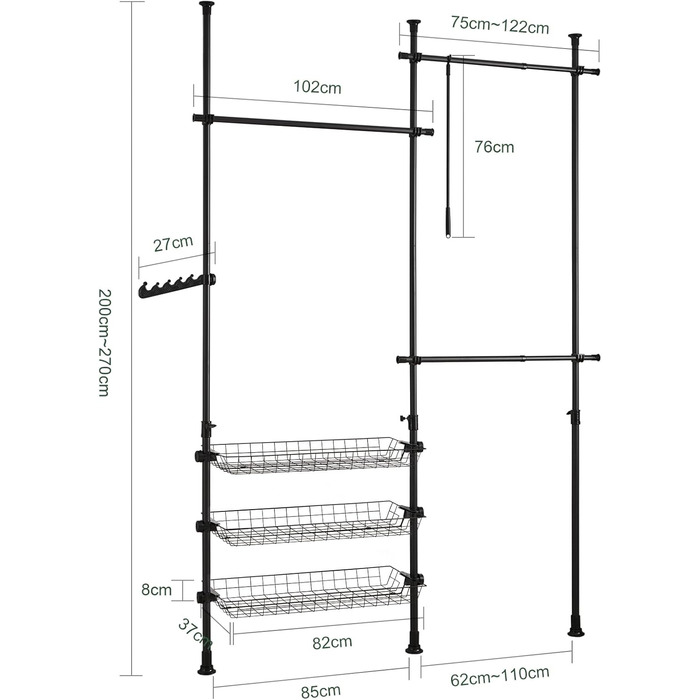 SoBuy Regal System with 3 Clothes Rails and 3 Baskets Telescopic Wardrobe System Adjustable Organization System FRG34-SCH