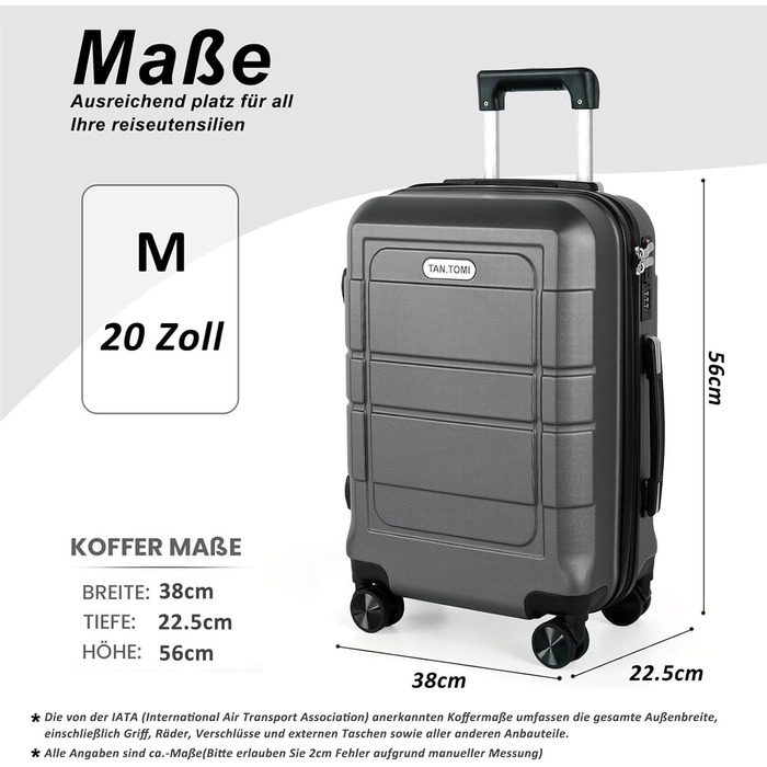 Чемодан ручної об'єм 41л TANTOMI: міцний ABS+PC, 4 колеса, кодовий замок, телескопічна ручка (M/L/XL), світло-темно зелений