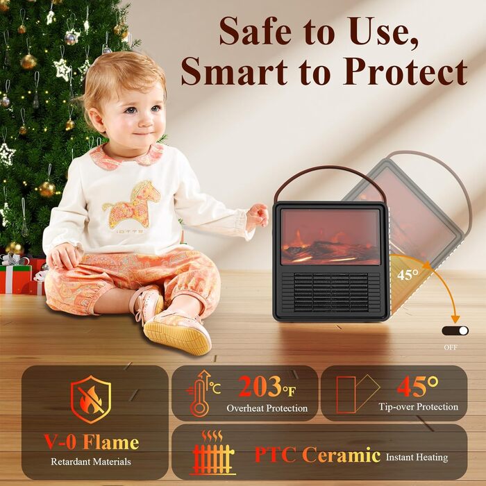 Електричний обігрівач Minthouz 1200W/800W з ефектом полум'я, термостатом та захистом від перегріву для дому та офісу