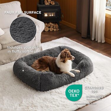 BEDSURE Fluffy Dog Bed for Medium Dogs - 76x61x18cm Washable Dog Bed for Medium Dogs, Square Cozy Bed with Soft Edge and Non-Slip Bottom, Gray (L 106 x W 76 x H 20 cm)