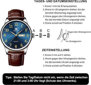 Чоловічий годинник OLEVS з нержавіючої сталі, кварцовий, аналоговий, класичний, бізнес-стиль, водонепроникний, з підсвічуванням, з датою, на шкіряному ремінці (A2 - синій циферблат/коричневий ремінь)