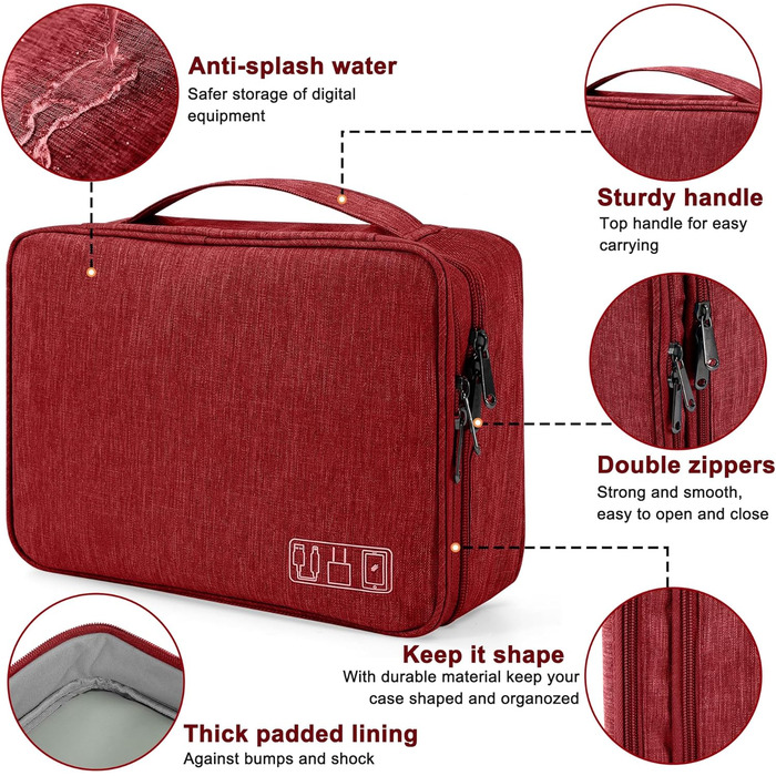 Водонепроникна сумка-органайзер для електроніки з 2 відділеннями (27x20x8 см, червона)