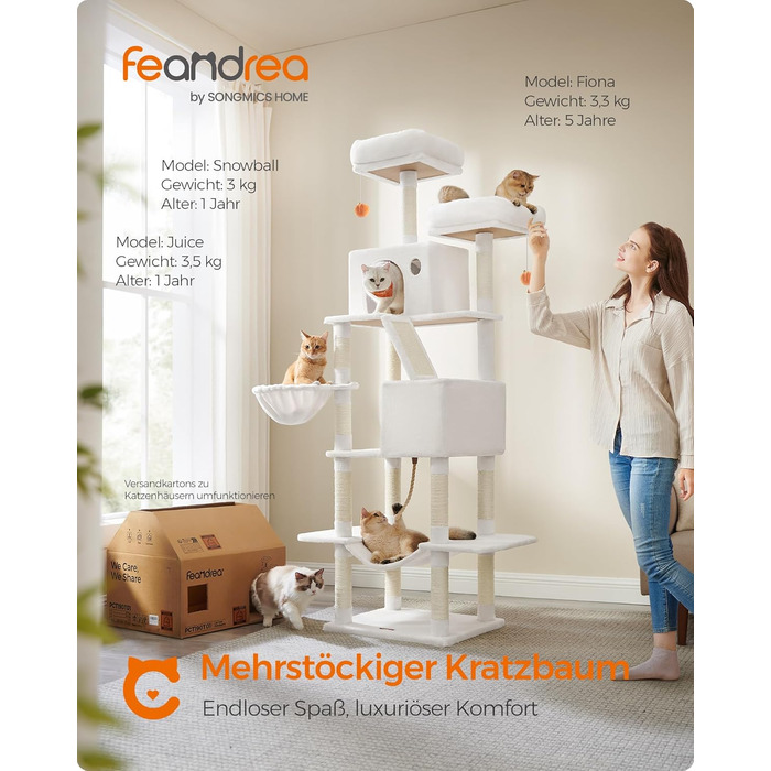 Драбина для котів Feandrea, 206 см, XXL, з 13 стовпчиками для дряпання, 2 платформами, 2 хованками, кошиком, помпонами, багатоярусна, кремово-біла, для дому (60 x 50 x 206 см)