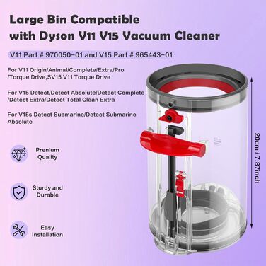 Dyson V11 V15 Dustbin Replacement - Compatible with SV14, SV17, SV15, SV22, SV28 Vacuum Models - Part Numbers 970050-01 & 965443-01