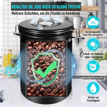 Герметичний контейнер для кави 1 кг: нержавіюча сталь, вікно, датчик дати, мірна ложка 30 мл, CO₂-вентиль, для кавових зерен, чаю, цукру