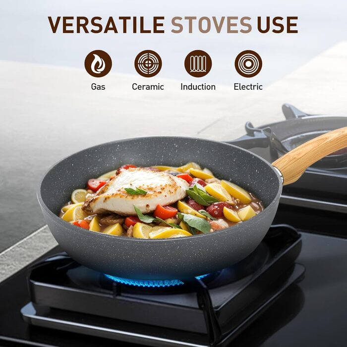 Набір посуду DishDelight 12 шт: сковороди та каструлі з антипригарним покриттям, підходить для індукційних, газових плит та мікрохвильовки, сірий