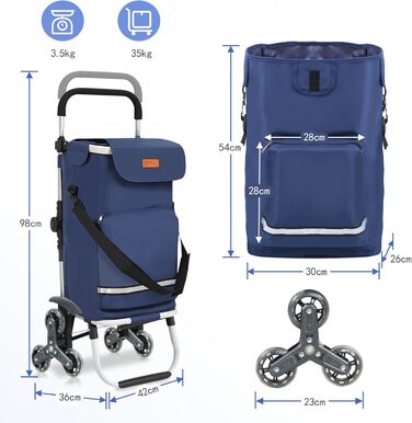 Тролей для покупок Sekey XXL з підйомником для сходів, 3-колісний вагончик для кемпінгу та покупок, регульована ручка, алюміній 3-в-1, з відділенням для їжі та напоїв (Блакитний)