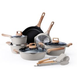 Набір посуду Country Kitchen 14 предметів: каструлі, сковороди, кухонні прилади. Антипригарне покриття, алюмінієвий литий посуд, кремовий колір