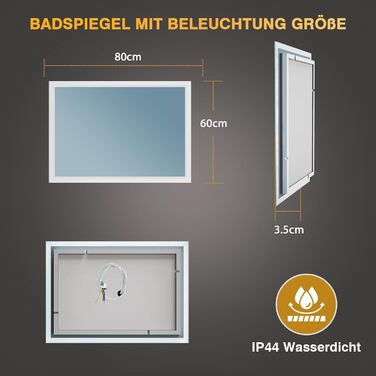 Дзеркало для ванної кімнати з підсвічуванням 50x70 см, LED, антизапарник, 2 кольори світла (3000K/6500K), прямокутне, горизонтальне/вертикальне, без рами