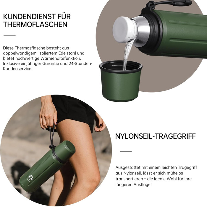 Термос Healter Thermoskanne 1л з чашкою (72 години холод & 24 години гаряче) - термофляга для кави, чаю, офісу, школи (зелений)