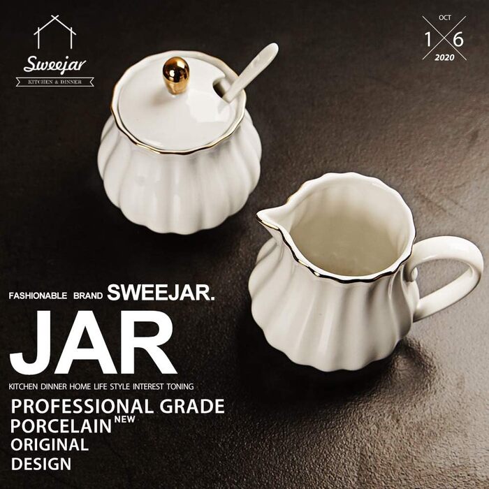 Sweejar Home Royal Ceramic Sugar and Creamer Set, 3-Piece Set with Cream Pitcher, Sugar Bowl, Sugar Set with Lid and Spoon, Coffee Service, Wedding Gift (White, New)