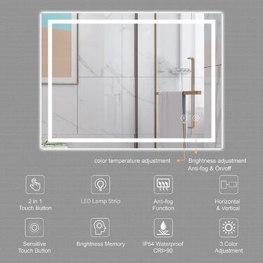 Дзеркало для ванної кімнати Dripex LED з підсвічуванням, сенсорне керування, регулювання яскравості, 3 кольори світла, антизапарник, 50x70 см