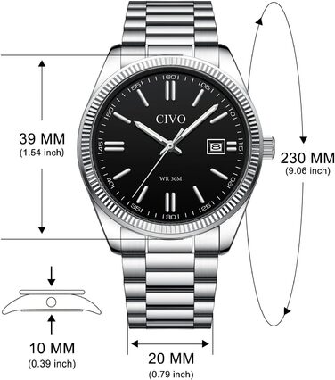 Чоловічий годинник CIVO з нержавіючої сталі: аналоговий бізнес-годинник з датою, що світиться - водонепроникний для роботи та відпочинку - стильний подарунок для чоловіків, чорний 8349