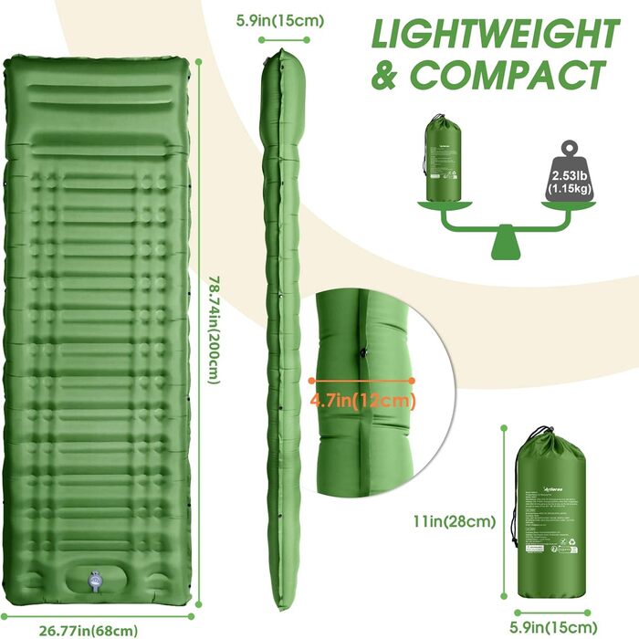 Надувний матрац Isomatte 12 см для кемпінгу з насосом та подушкою, зелений. Анти-розривний, портативний, для туризму, подорожей, пляжу