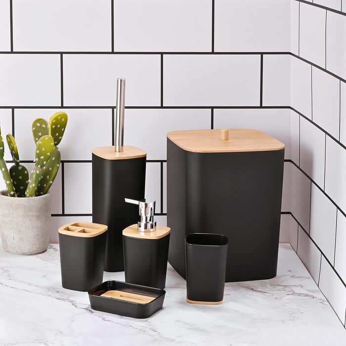 Yorkmills 6-Piece Bamboo Bathroom Accessory Set, Bathroom Accessory Set, Bathroom Trash Can and Toilet Brush Set, Modern Trash Can, Toothbrush Holder Cup, Soap Dish Holder