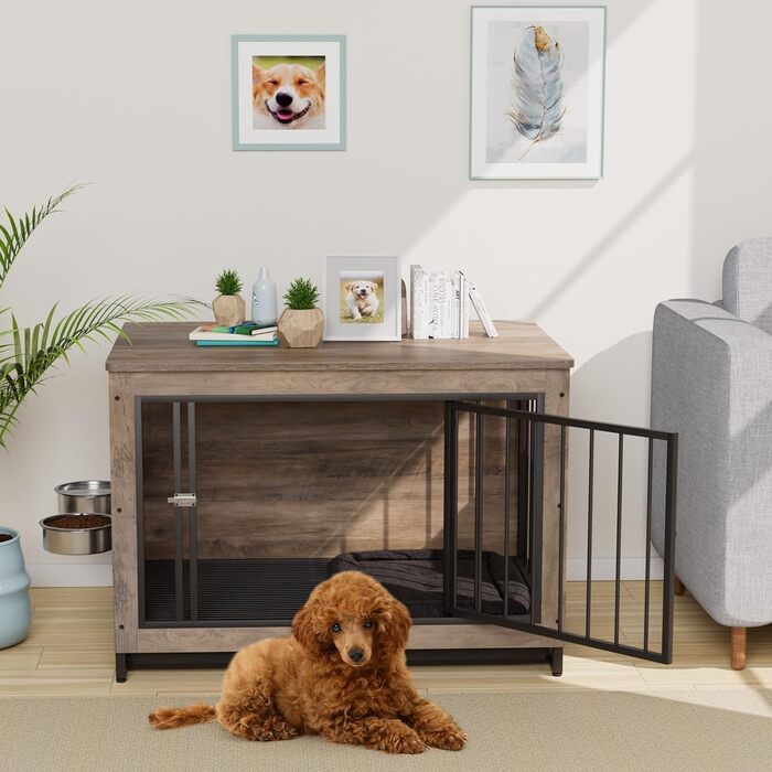 Дерев'яна собача будка/переноска для дому, 93x64x58 см, з піддоном та мисками, для собак середніх та маленьких порід (до 40 кг), білий/сірий колір