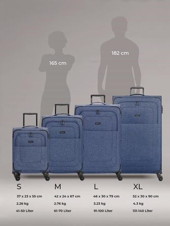 Набір валіз REDOLZ 3 шт. для жінок та чоловіків | Легкі та стабільні валізи-тролі, якісний Softcase, 4 подвійні колеса та TSA-замок | Розширювані з деhnfalten (Essentials 12) (Blue, XL розмір (90 см), 4 колеса)
