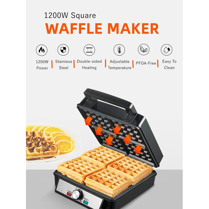 Вафельниця FOHERE з 4 пластинами, 1200W, бельгійські вафлі, антипригарне покриття, регулятор засмаги, нержавіюча сталь – ідеально для сімейного сніданку, чорний