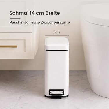 Сміттєвий кошик для ванної кімнати з педаллю та Soft-Close кришкою, 5 л, з виймаю одним внутрішнім відром, компактний смітник для кухні та спальні, чорний/білий