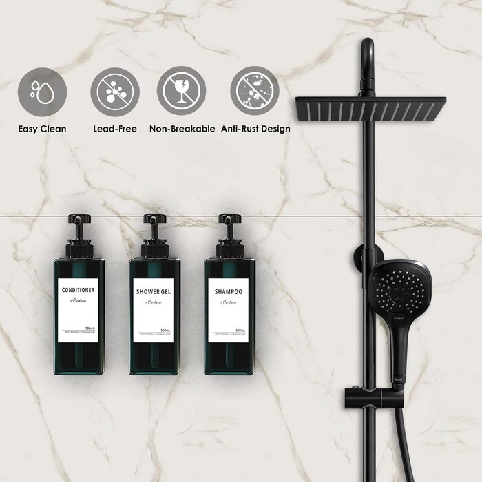 Дозатор мила Anhow 3er PETG для стін, набір з 3 шт. Без свердління, пластиковий диспенсер для кухні/ванної кімнати, 500 мл, блакитний