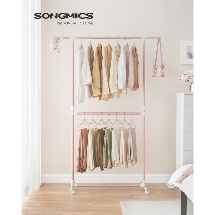 SONGMICS Clothes Rack with 2 Clothes Rods, Extendable Clothes Rail, with Wheels, Coat Rack, Height Adjustable between 113 and 180 cm, Lower Rod Adjustable, Pastel Pink LLR401R01
