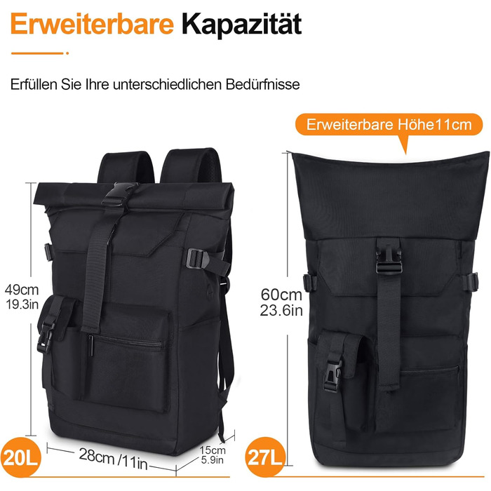 Roll-Top Backpack Waterproof, 27L Large Backpack Men Women, School Backpack with 17.3 Inch Laptop Compartment, Travel Backpack Hiking Backpack for Business Work College Travel Leisure (Black)