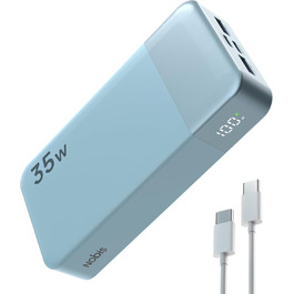 Power Bank Nobis 20000mAh з LED дисплеєм, 35W USB-C, 4 порти, зарядка для MacBook, iPhone 15, Samsung S23 (зелений/синій)
