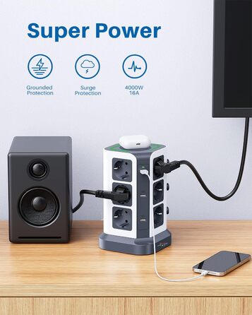 Многорозетка Koosla з USB-C, 12 розеток, захист від перенапруги 1500 Дж, індивідуальне вмикання, 5 м кабель, сіра (бездротовий заряд 30 Вт)