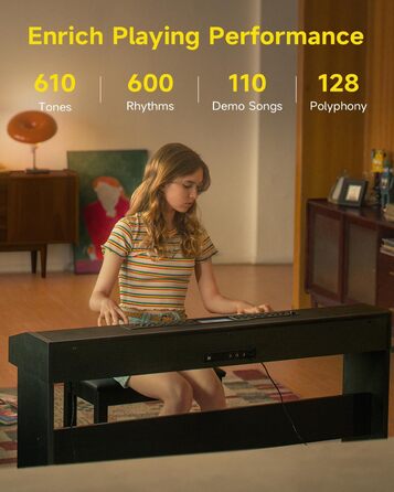 Цифрове піаніно Donner DDP-95 для початківців з 88 важними клавішами, підключення Bluetooth, LCD дисплеєм 11*5 см, 610 тембрів, 600 ритмів, 3 навчальні режими, чорний колір