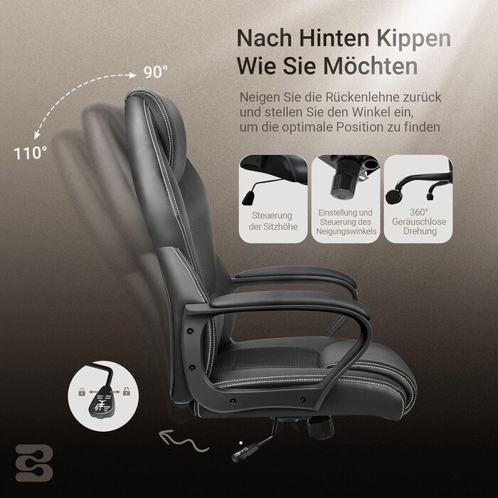 Офісне крісло BASETBL для офісу та дому, чорне, 150 кг, ергономічне, з PU шкіри, поворотне, з м'якими підлокітниками, функція гойдання